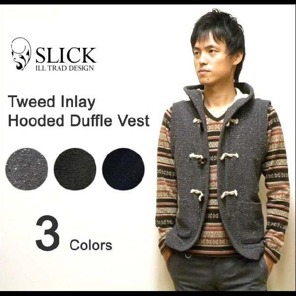 Slick（スリック） ツイードインレイ ダッフルベスト トグルボタン ネップツイード素材フード付き...