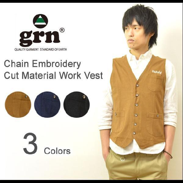 grn（ジーアールエヌ） チェーン刺繍アクセント カット素材 ワークベスト ワンポイント ジレ 無地...
