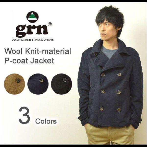 grn（ジーアールエヌ） ウール混ニット Ｐコート 裏ボーダー ショートピーコート ショート丈コート...