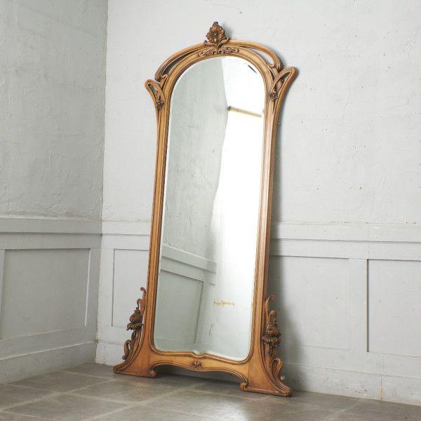 IZ77712F★大型 アールヌーヴォー ウォールミラー H215cm 木彫刻 姿見 鏡 壁掛け鏡 ...