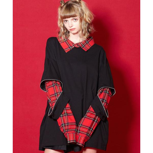 ankoROCK オープンジップフェイクレイヤーチェックシャツカットソー