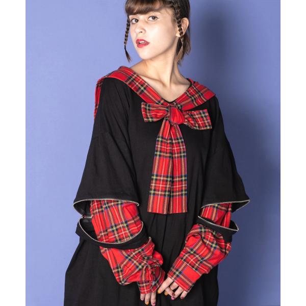 ankoROCK オープンジップフェイクレイヤーチェックシャツセーラーカットソー