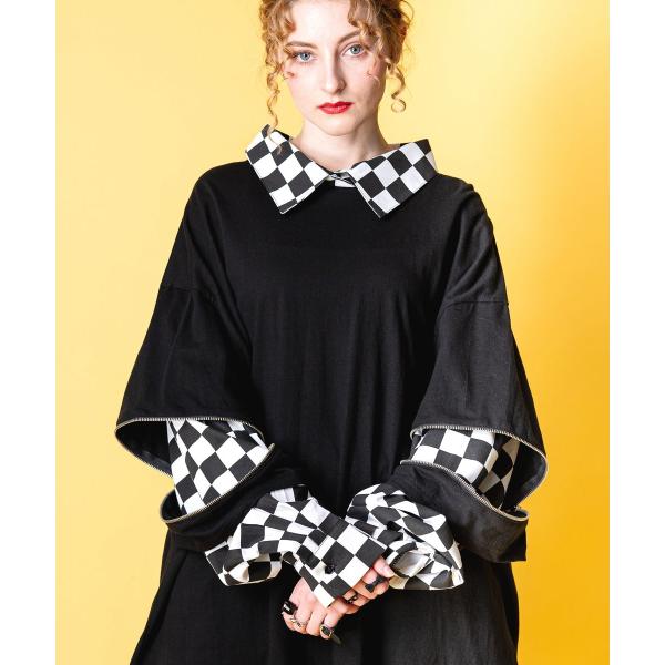 ankoROCK オープンジップフェイクレイヤーブロックチェックシャツカットソー