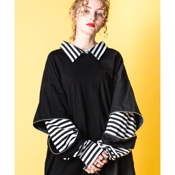 ankoROCK オープンジップフェイクレイヤーボーダーシャツカットソー