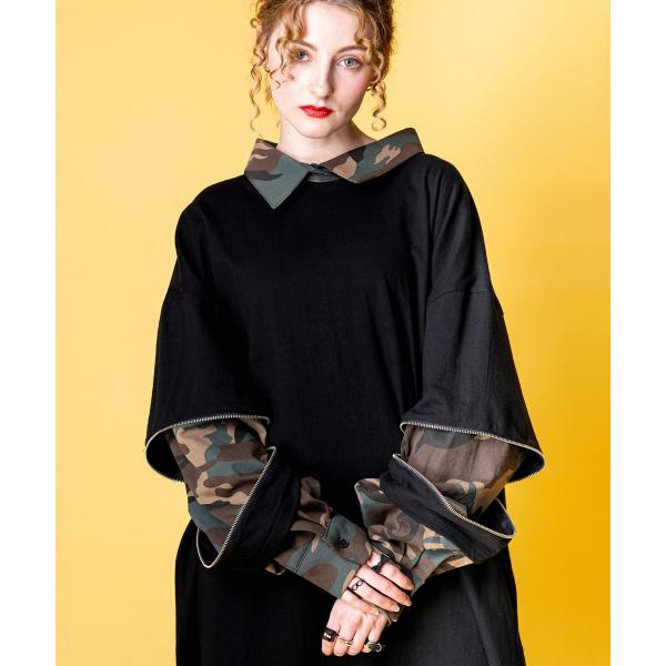 ankoROCK オープンジップフェイクレイヤーカモフラシャツカットソー