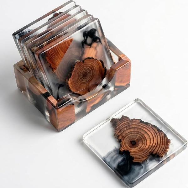 クリアコースター 8cm×8cm ウッド 北欧 ティー バー スクエア 四角 木材 透明 (6枚) ...