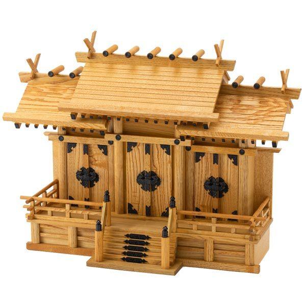 国産神棚 屋根違い三社 大 けやき色 日本製 タモ材着色