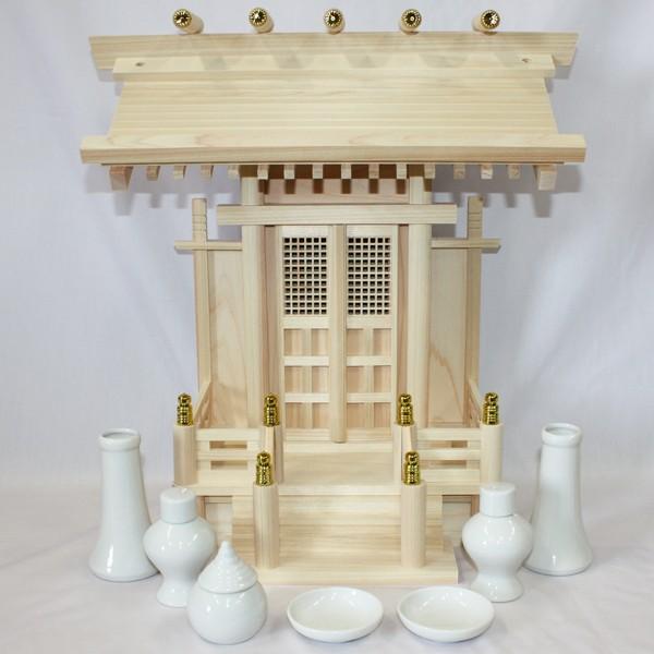 国産東濃檜製神棚 加賀大神 日本製神棚 一社神棚 (神棚セット/神具陶器七点セット中付き)　白木 無...