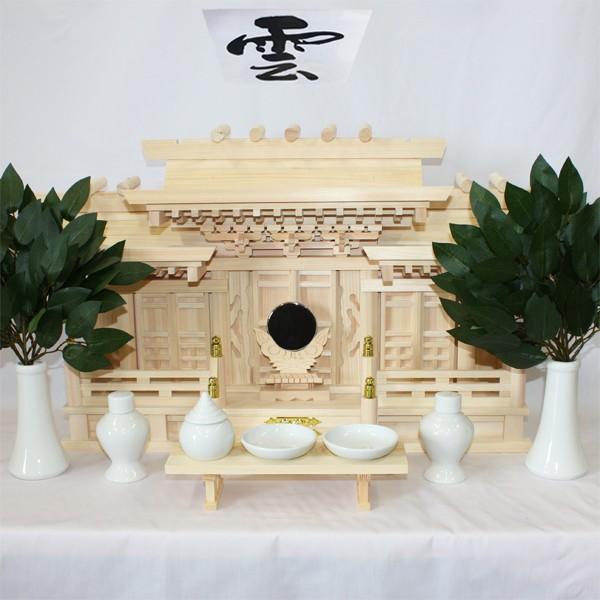 国産東濃桧製神棚 マス組付き唐戸三社神棚 日本製神棚 (神棚セット/神前用具7種セット大と特上造花榊...