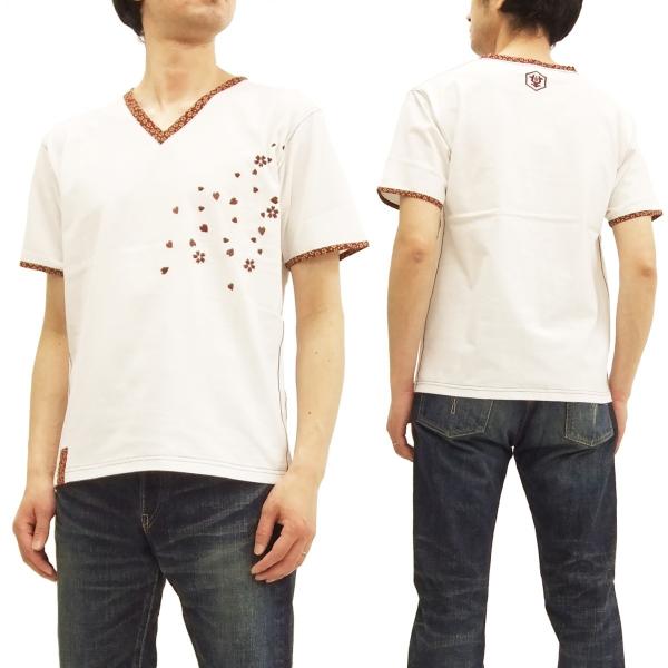 華鳥風月 和柄 Vネック Tシャツ 刺繍 零れ桜 半袖Tシャツ 382212 白 新品