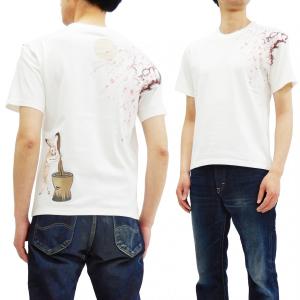 花旅楽団 Tシャツ ST-803 スクリプト 桜と兎 刺繍 メンズ 和柄 半袖Tシャツ 白 新品｜rodeomatubara