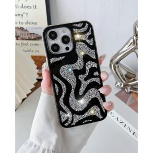 iPhoneX/11/12/13/14/15 韓国 iPhoneケース ゼブラ キラキラ デコ ギャル ストーン ブラック オシャレ 軽量　耐衝撃