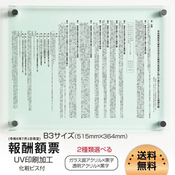 【令和6年7月1日改訂版】報酬額票 約W515mm×H364mm×t5mm ガラス調or透明アクリル...