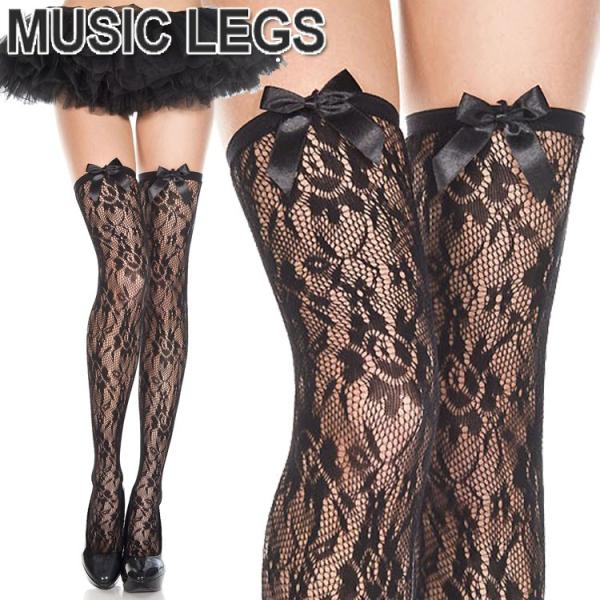 MusicLegs(ミュージックレッグ)サテンリボン付きフローラルレースサイハイストッキング/タイツ...