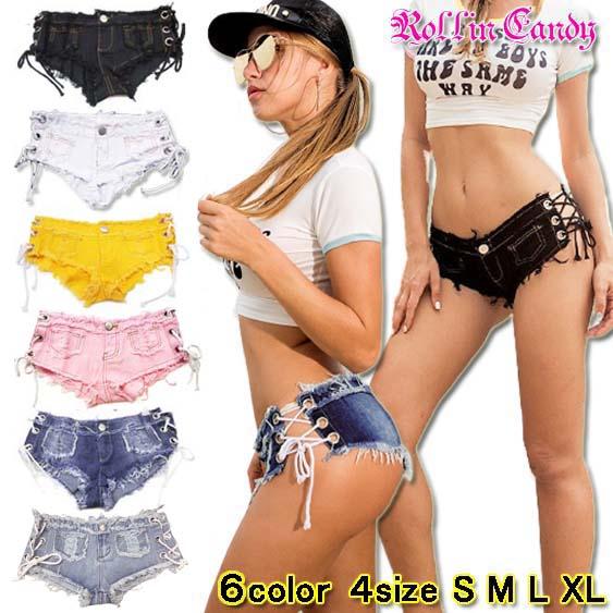 マイクロミニ丈 サイド編み上げ レースアップ ダメージデニム ホットパンツ / ショートパンツ /シ...