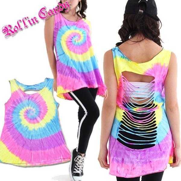 蛍光タイダイ柄 バックダメージ Aラインタンクトップ ダンス衣装 ムラ染め レディース 大きいサイズ...