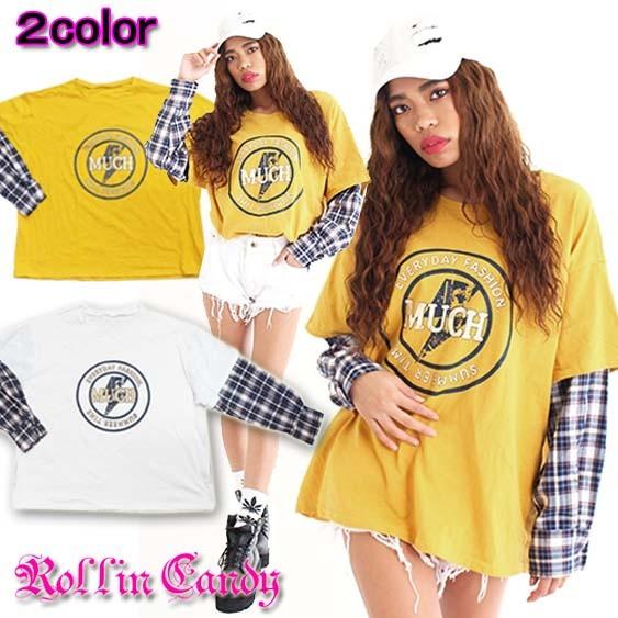 チェックシャツ重ね着風Tシャツ レイヤード  長袖ロンT ダンス衣装 ヒップホップ B系 ストリート...