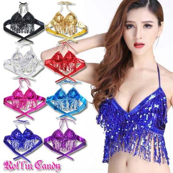 ダンス衣装・ステージ衣装に！メタリック＆スパンコールフリンジブラトップ ビスチェ ベリーダンス サン...