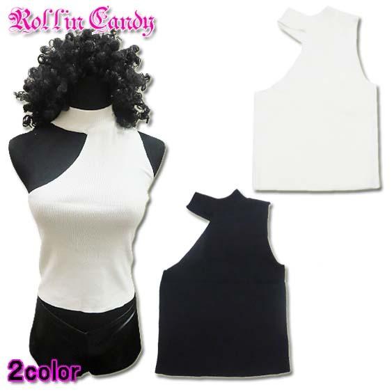 リブニット ワンショルダー トップス/タンクトップ/キャミソール ブラック ホワイト 黒白 サマーニ...
