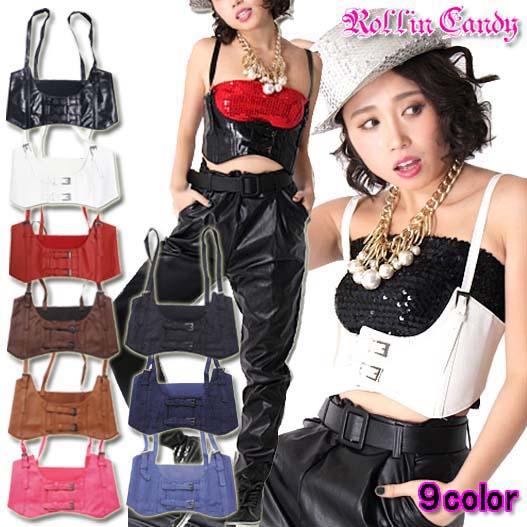 合皮/デニム コルセットベルト キャミソール サスペンダーベスト ゴムベルト ビスチェ フェイクレザ...