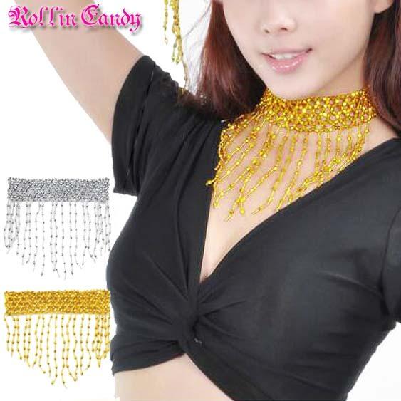 ダンス衣装・ステージ衣装に☆ビーズフリンジ チョーカー/ネックレス ベリーダンス サンバ ゴールド ...