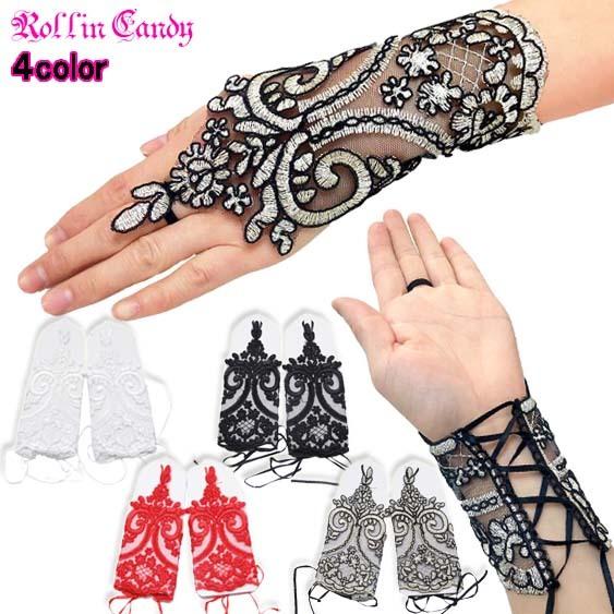 レース ワンフィンガー 編み上げ グローブ/ショートグローブ ループ付き フィンガーレス ウェディン...