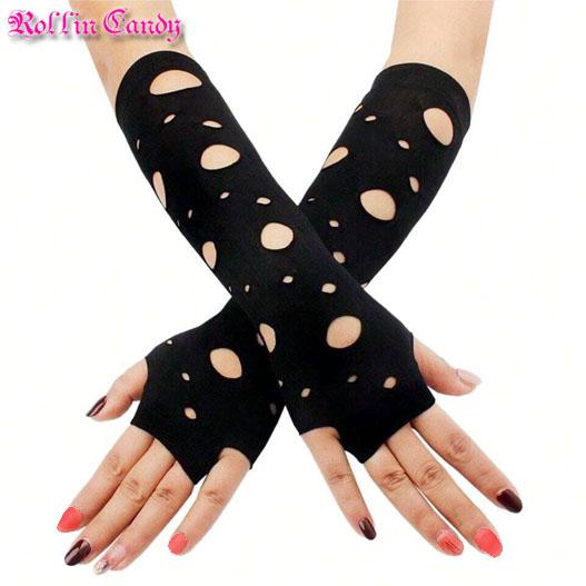 ダンス衣装・ステージ衣装に！ダメージ加工 穴あき フィンガーレスグローブ 手袋 黒 ブラック 指なし...