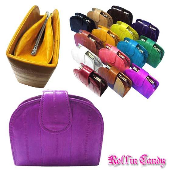 うなぎの本革 高級イールスキンがま口 折りたたみ財布/ウォレットうなぎの皮 レザー ウナギ お財布 ...