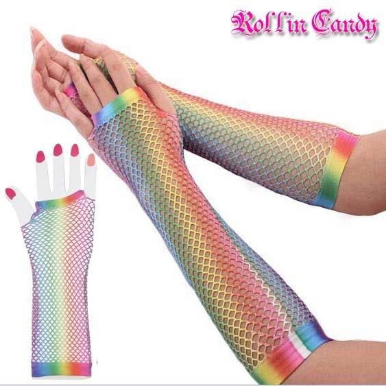 レインボー グラデーション メッシュ グローブ/アームウォーマー(両手分2個セット) 手袋 アームカ...