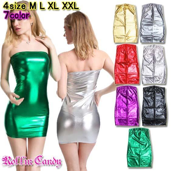 ダンス衣装・ステージ衣装に！メタリック ベアワンピース ボディコン ミニワンピ チューブ チューブト...