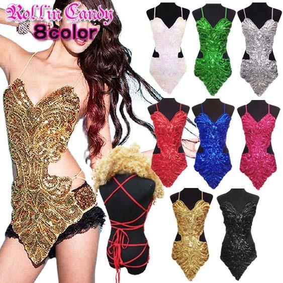ダンス衣装・ステージ衣装に！モノキニ風 スパンコール＆ビーズ バタフライ トップス キャミソール ビ...