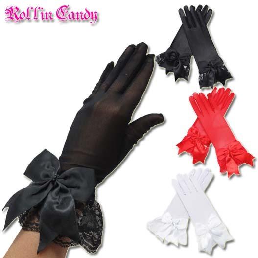 リボン＆レースフリル付き シースルーメッシュ ショートグローブ フォーマル ウェディング パーティー...