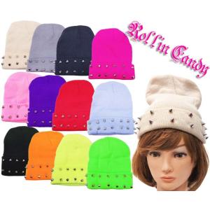 【在庫処分SALE】スパイクスタッズ付きビーニー/ニット帽子 ワッチキャップ プレーンキャップ とげ...