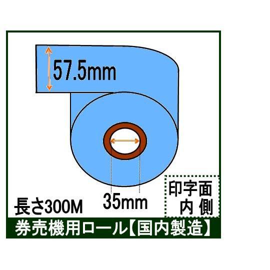 券売機 ロール紙  ブルー ミシン無し 幅57.5mm 長さ300Ｍ 食券 感熱ロール サーマルロー...