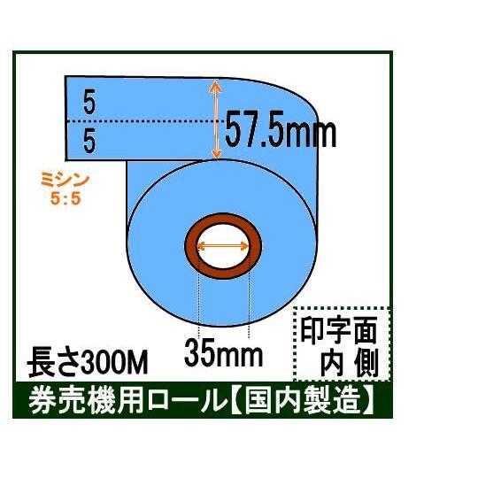 券売機 ロール紙 ５巻入り ブルー ミシンセンター 幅57.5mm 長さ300Ｍ 食券 感熱ロール ...