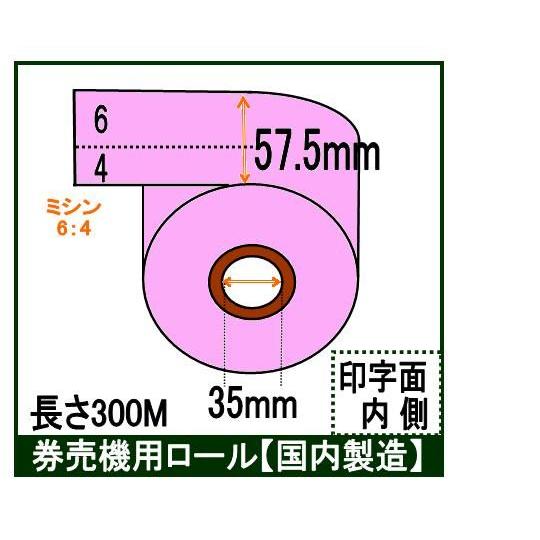券売機 ロール紙  ピンク ミシン6:4 幅57.5mm 長さ300Ｍ 食券 感熱ロール カラーサー...