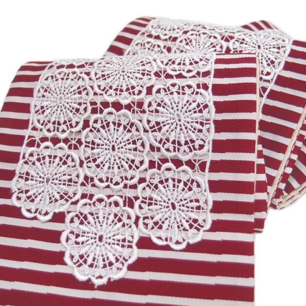 半幅帯 縞 小袋帯 日本製 木綿 レース 仕立て上がり カジュアル フェミニン 浴衣 夏着物 縞 ボ...