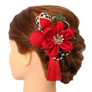 髪飾り 成人式 振袖 浴衣 卒業式 袴 結婚式 3点セット 赤 白 黒 花 市松 和 洋 かんざし 手作り 簪 つまみ細工 ちりめん o789