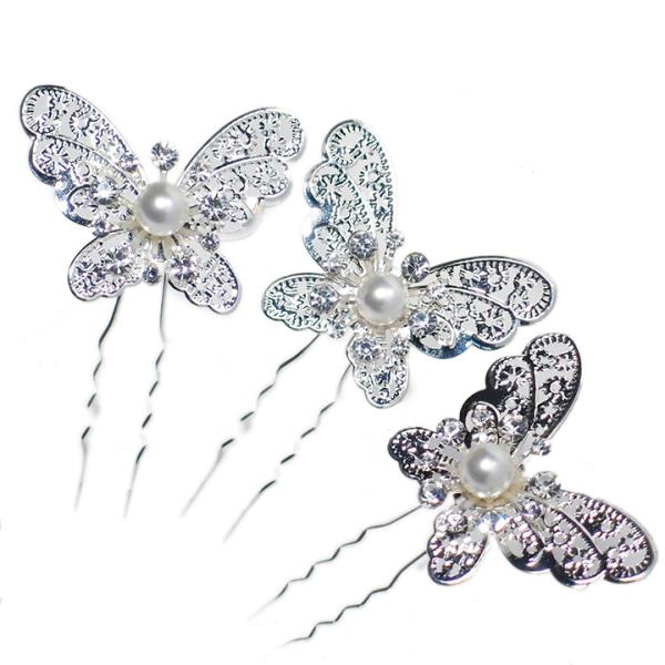 髪飾り Ｕピン 可愛い かんざし 簪 キラキラ パール ラインストーン 蝶 3点 訪問着 フォーマル...