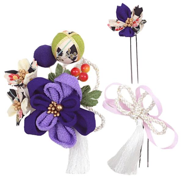 髪飾り ３点セット 紫 成人式 花 つまみ細工 ちりめん 縮緬 和風 浴衣 着物 振袖 袴 七五三 ...