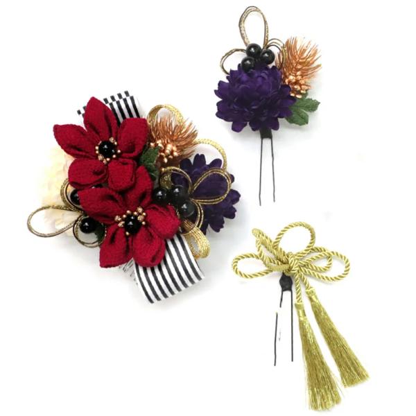 髪飾り ３点セット 赤 つまみ細工 リボン 成人式 花 和風 浴衣 着物 振袖 袴 ドレス 七五三 ...
