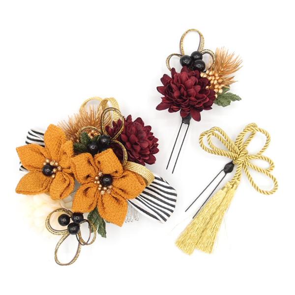 髪飾り ３点セット 黄色 つまみ細工 リボン 成人式 花 和風 浴衣 着物 振袖 袴 ドレス 七五三...