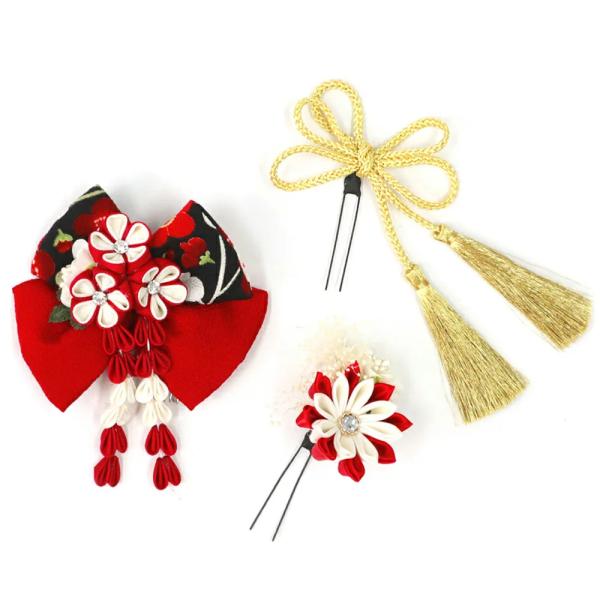 髪飾り ３点セット 赤 黒 つまみ細工 リボン ドライフラワー 成人式 花 和風 浴衣 着物 振袖 ...