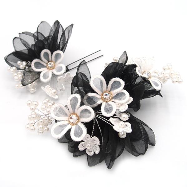 髪飾り ２点セット 黒 オーガンジー パールビーズ 成人式 花 和風 浴衣 着物 振袖 袴 ドレス ...