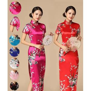 1枚のみ 花柄半袖チャイナドレス　ロング丈　ハロウィン　S〜XXL大きサイズシルクタッチ