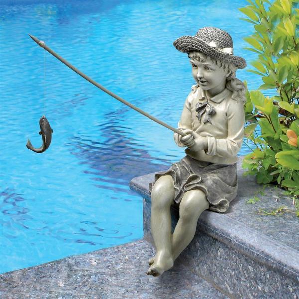 お魚を釣る少女 大物を釣るネリー ガーデンアート彫刻 彫像/ ガーデニング 庭園 池 プール 園芸 ...