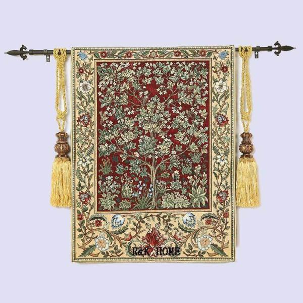 即納！「生命の樹」ウィリアムモリス作コットン製タペストリールビー色ジャカード織壁掛けロッド(ブラック...