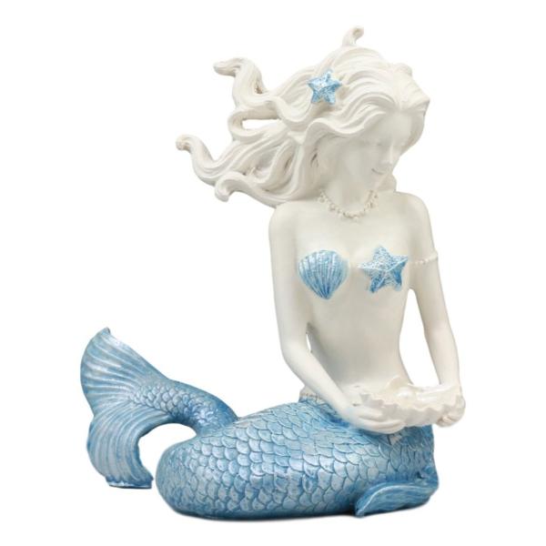 美しいオーシャンの女神マヤ 真珠の貝殻を持った、青い尾びれの、マーメイド（人魚像）彫像 置物（輸入品...