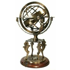 即納！高さ45cmアンティーク仕上げ真鍮製渾天儀 航海用アストロラーベ 地球儀 天球儀コンパスと木製...