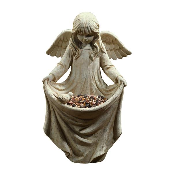 小鳥に餌をあげる少女の天使 エンジェル彫像 ガーデン彫刻/ 守護天使 ガーデイング 洋風(輸入品